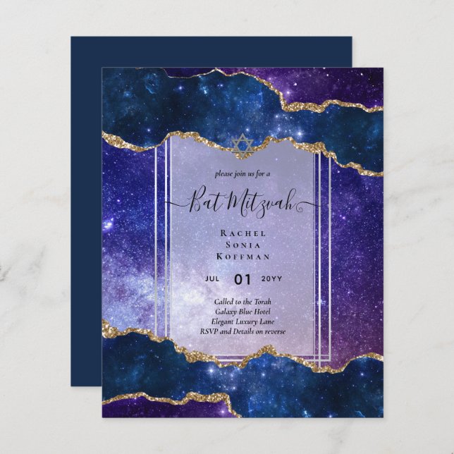 Galaxy Starry Night BAT MITZVAH Agate-inbjudan (Fram/baksida)