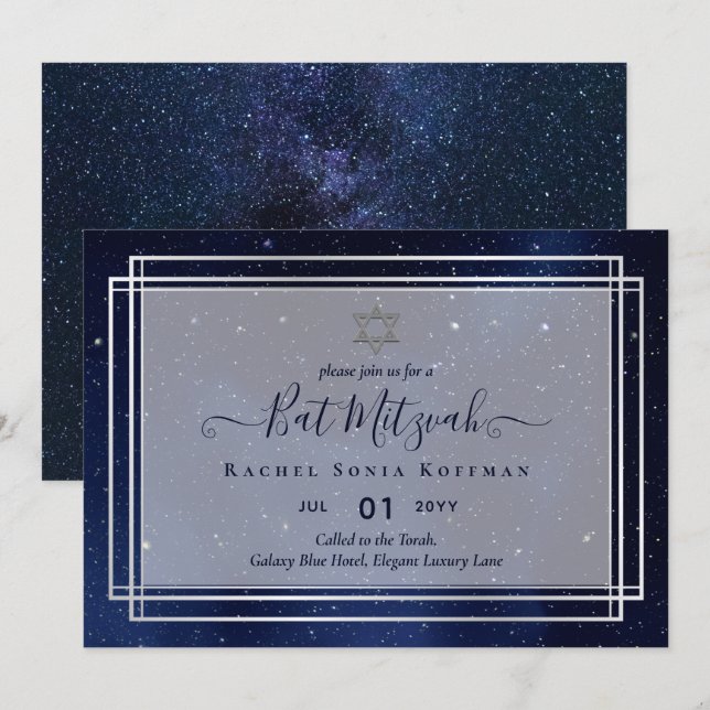 Galaxy Starry Night BAT MITZVAH Agate-inbjudan Inbjudningar (Fram/baksida)