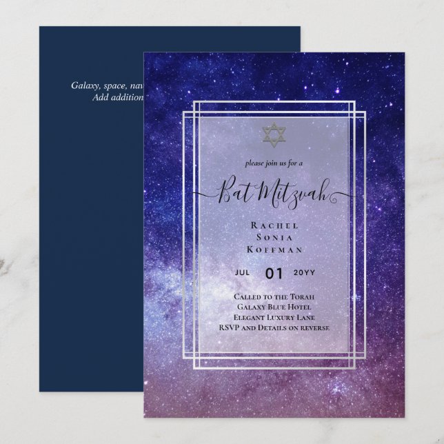 Galaxy Starry Night BAT MITZVAH Agate-inbjudan Inbjudningar (Fram/baksida)