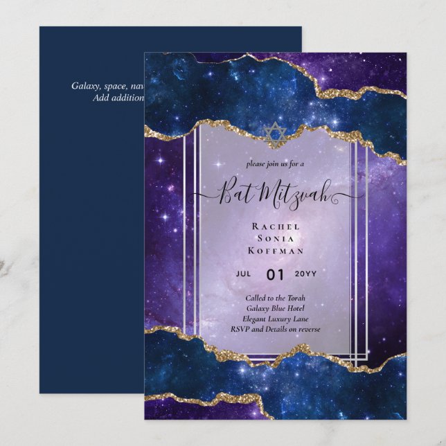 Galaxy Starry Night BAT MITZVAH Agate-inbjudan Inbjudningar (Fram/baksida)