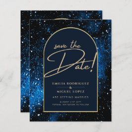 Galaxy Starry Night Blue Guld Bröllop SPARA DATE