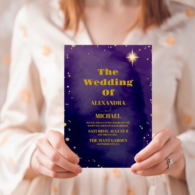 Galaxy Starry Night Himlar Blue Lila Guld Bröllop Inbjudningar (Skapare uppladdad)