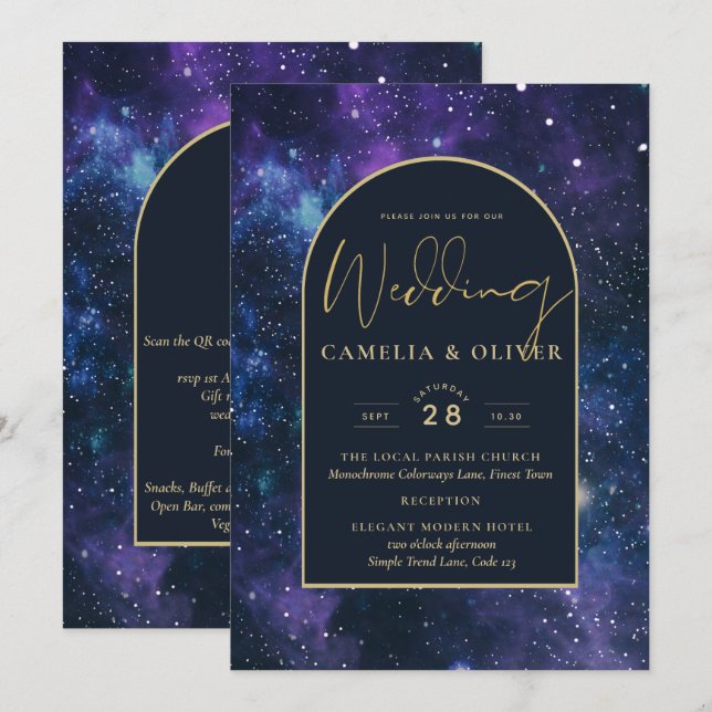 Galaxy Starry Night Lila Blue Guld Bröllop Inbjudningar (Fram/baksida)