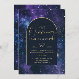 Galaxy Starry Night Lila Blue Guld Bröllop Inbjudningar