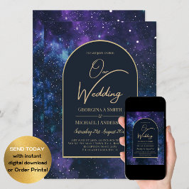 Galaxy Starry Night Lila Blue Guld Bröllop Inbjudningar