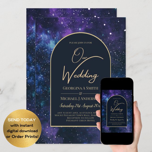 Galaxy Starry Night Lila Blue Guld Bröllop Inbjudningar (Skapare uppladdad)