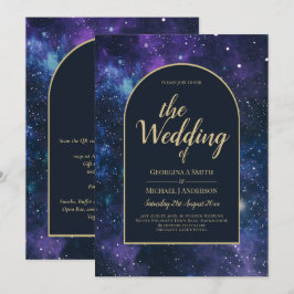 Galaxy Starry Night Lila Blue Guld Bröllop Inbjudningar