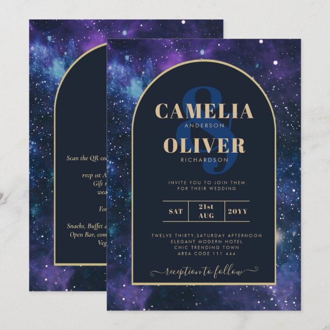 Galaxy Starry Night Lila Blue Guld Bröllop Inbjudningar (Fram/baksida)