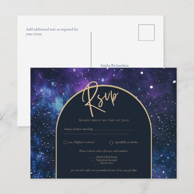 Galaxy Starry Night Lila Blue Guld Bröllop OSA Vykort (Fram/baksida)