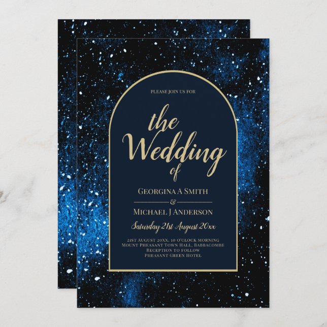 Galaxy Starry Night Navy Blue Guld Bröllop Inbjudningar (Fram/baksida)