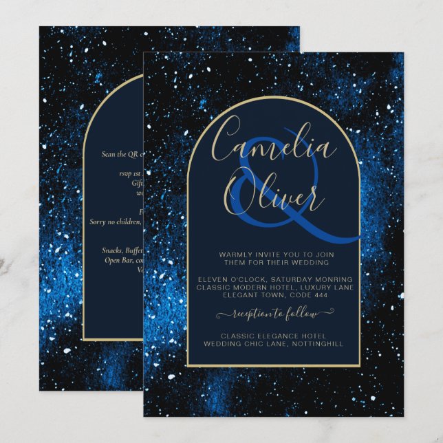 Galaxy Starry Night Navy Blue Guld Bröllop Inbjudningar (Fram/baksida)