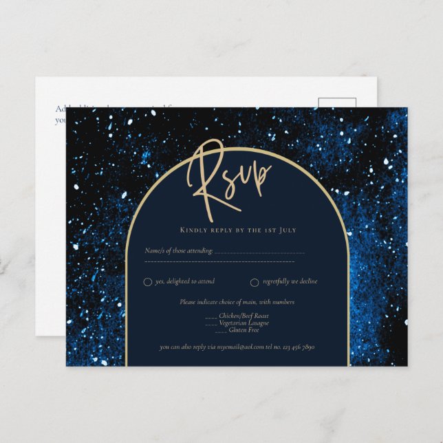 Galaxy Starry Night Navy Blue Guld Bröllop Vykort (Fram/baksida)