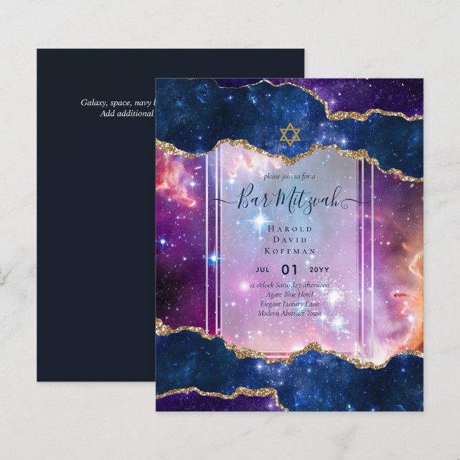 Galaxy Starry Night PUB MITZVAH-inbjudningar Blue (Fram/baksida)