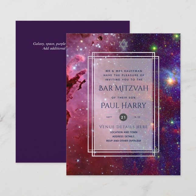 Galaxy Starry Night PUB MITZVAH:s inbjudningar flo (Fram/baksida)