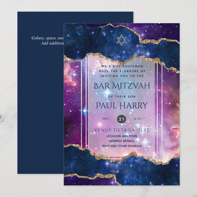 Galaxy Starry Night PUB MITZVAH:s inbjudningar flo (Fram/baksida)