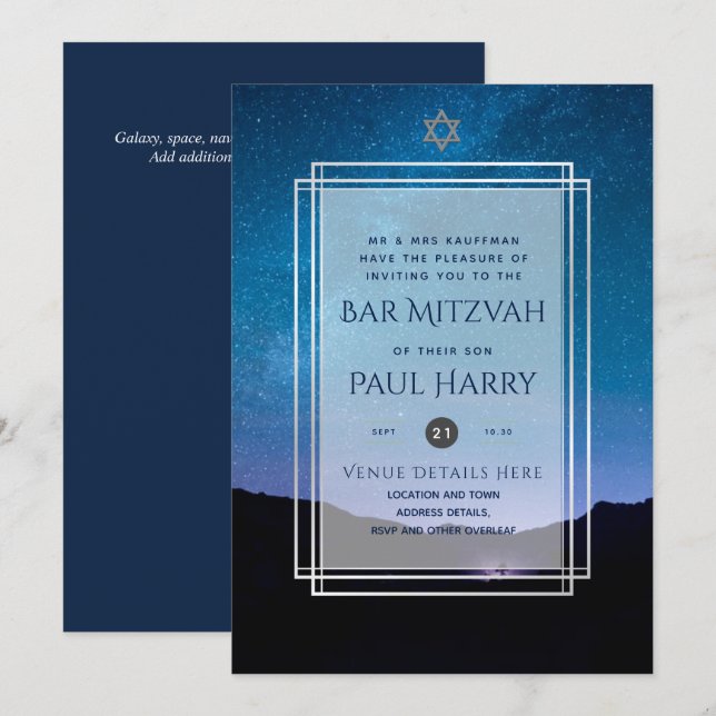 Galaxy Starry Night PUB MITZVAH:s inbjudningar flo (Fram/baksida)