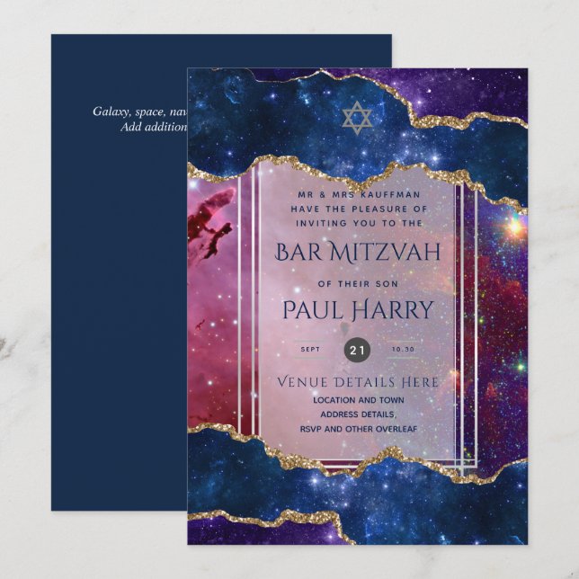 Galaxy Starry Night PUB MITZVAH:s inbjudningar flo (Fram/baksida)