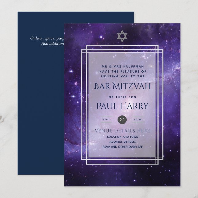 Galaxy Starry Night PUB MITZVAH:s inbjudningar flo (Fram/baksida)
