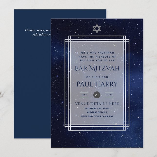 Galaxy Starry Night PUB MITZVAH:s inbjudningar flo (Fram/baksida)