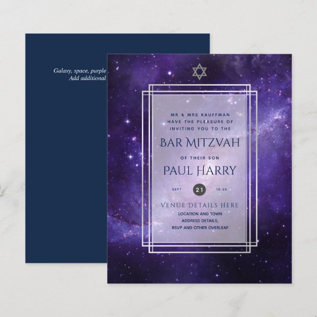 Galaxy Starry Night PUB MITZVAH:s inbjudningar flo (Fram/baksida)