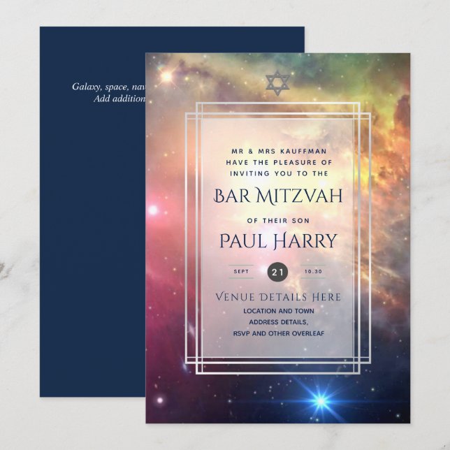 Galaxy Starry Night PUB MITZVAH:s inbjudningar flo (Fram/baksida)