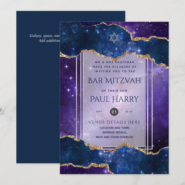 Galaxy Starry Night PUB MITZVAH:s inbjudningar flo (Fram/baksida)