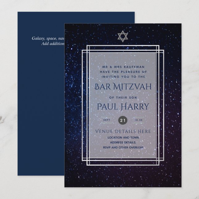 Galaxy Starry Night PUB MITZVAH:s inbjudningar flo (Fram/baksida)