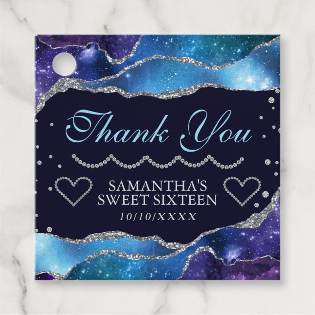 Galaxy starry Silver Glitter Agate Sweet 16 Gåvor Etiketter (Framsida)