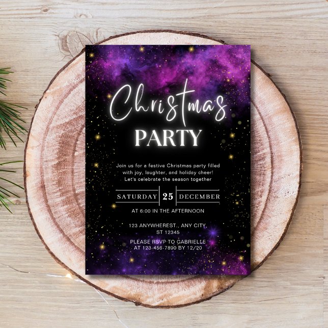 Galaxy Starry Space Neon Black jul Party Inbjudningar (Galaxy Starry Space Neon Black Christmas Party Invitation )