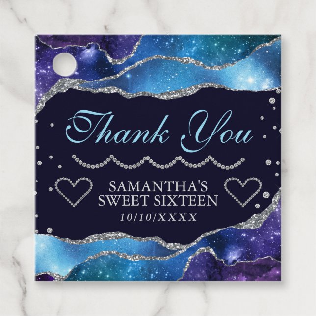 Galaxy stjärnig Silver Glitter Agate Sweet 16 Gåvor Etiketter (Framsida)