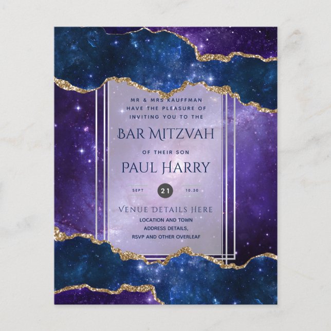 Galaxy Stjärnkvälls BAR MITZVAH Inbjudningar Marin Flygblad (Framsidan)