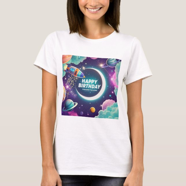 Galaxy-themed grattis på födelsedagen crescent mån t shirt (Framsida)