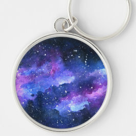 Galaxy Watercolor Lila Gift för Tonåring Rund Silverfärgad Nyckelring