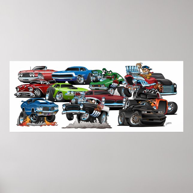 Galenhet bil! Muscle Cars och Hot rod Tecknad Poster (Framsidan)