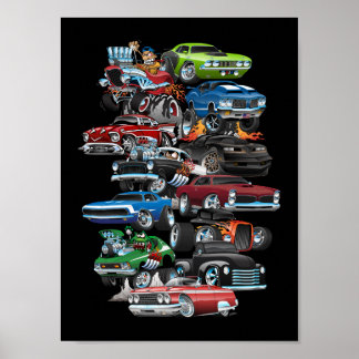 Galenhet bil! Muscle Cars och Hot rod Tecknad Poster