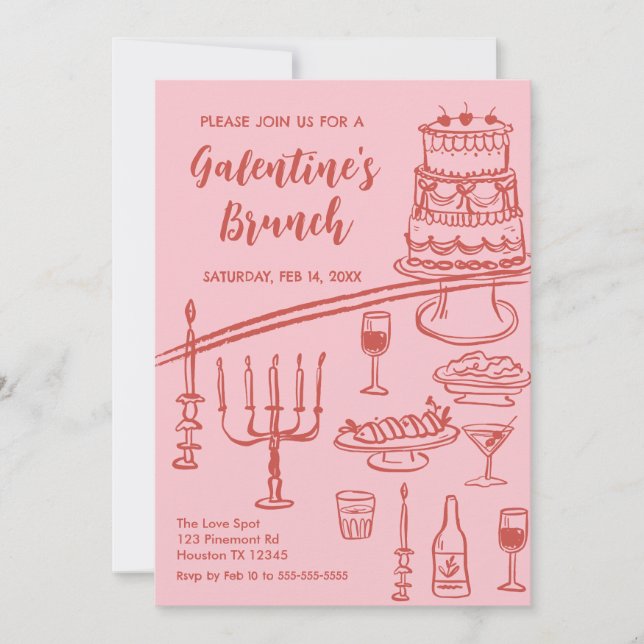 Galentine Brunch red & pink Party Invitation Inbjudningar (Framsida)