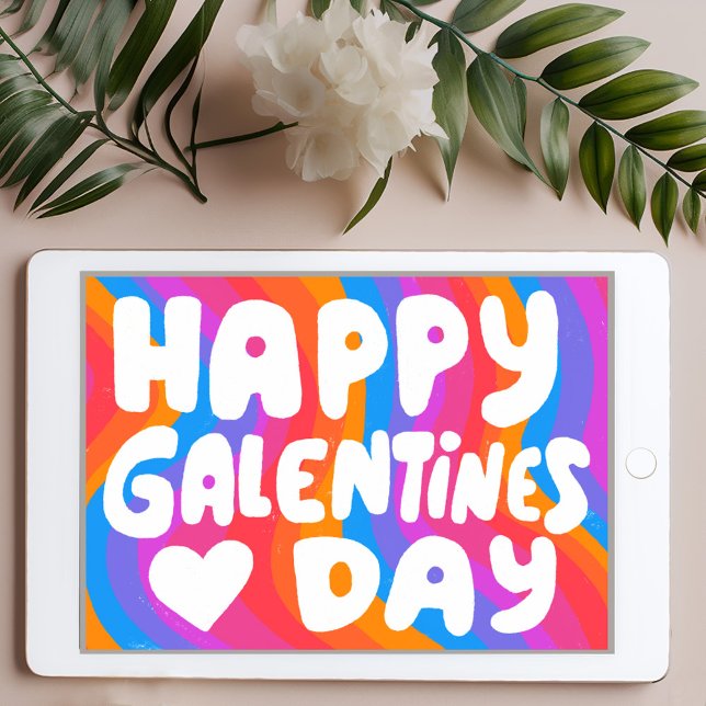 Galentine BubbleLetters Regnbåge Groovy Retro eKor Kort (Happy Galentines Day BubbleLetters Rainbow Groovy Retro eCard Digital Card Email Online Greeting 
)
