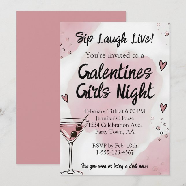Galentine Girls Night Out Martini Pink and Black Inbjudningar (Fram/baksida)