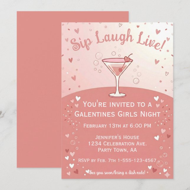 Galentine Girls Night Out Sip Laugh Live in Pink  Inbjudningar (Fram/baksida)