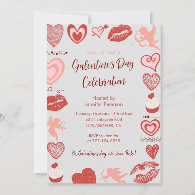 Galentine-inbjudan rosa och röda brunch-hjärtan  inbjudningar (Framsida)