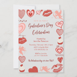 Galentine-inbjudan rosa och röda brunch-hjärtan inbjudningar