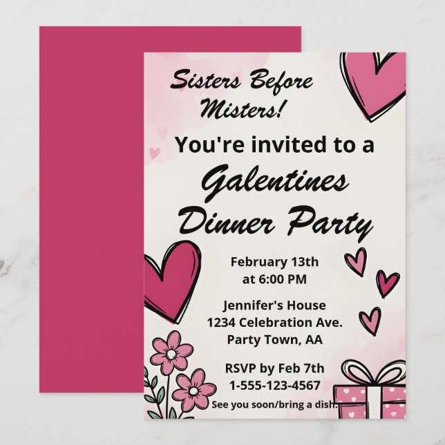 Galentine Pink Sisters Before Misters Dinner Party Inbjudningar (Fram/baksida)
