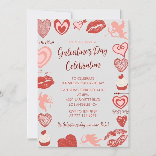 Galentine’s Day Brunch Inbjudan - Rosa & Röda Hjär (Framsida)