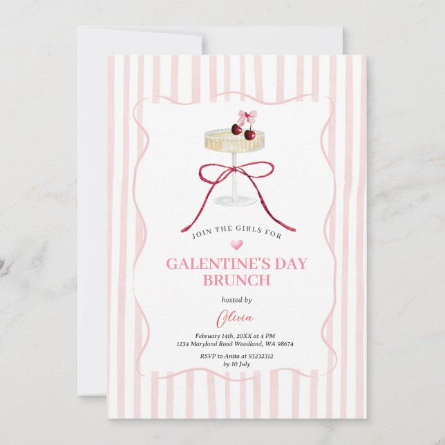 Galentine’s Day Brunch Invitation | Pink Stripe Inbjudningar (Framsida)