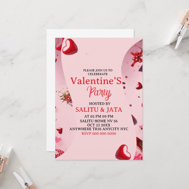 Galentine’s Party Invitation, Pink Heart & Bow Bir Inbjudningar (Fram/Back In Situ)