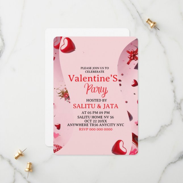 Galentine’s Party Invitation, Pink Heart & Bow Bir Spara Datumet (Fram/Back In Situ)