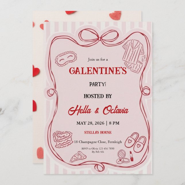 Galentine’s Party Invitation Printable, Pink & Red Inbjudningar (Fram/baksida)