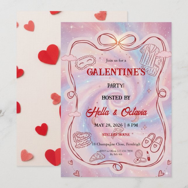 Galentine’s Party Invitation Printable, Pink & Red Inbjudningar (Fram/baksida)