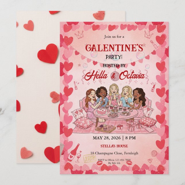 Galentine’s Party Invitation Printable, Pink & Red Inbjudningar (Fram/baksida)