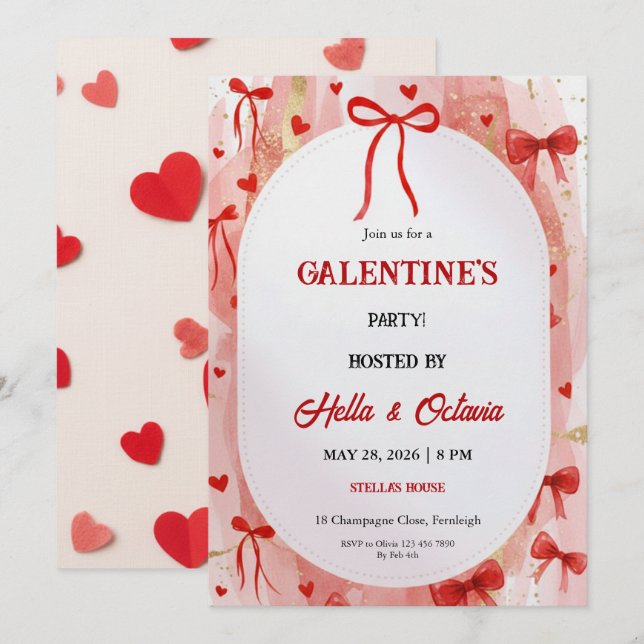 Galentine’s Party Invitation Printable, Pink & Red Inbjudningar (Fram/baksida)